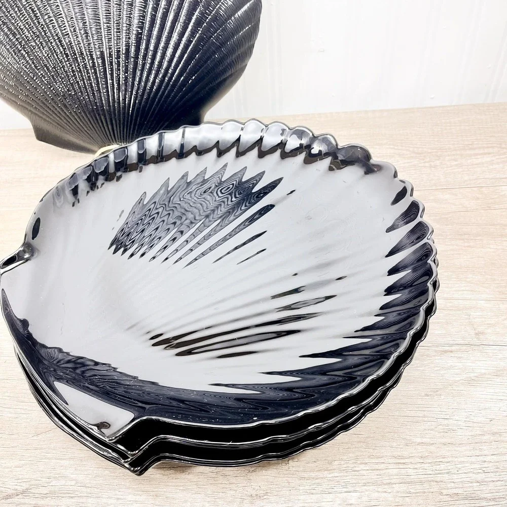 Vintage Arcoroc France Black Glass Seashell Plates Tableware Set of 6